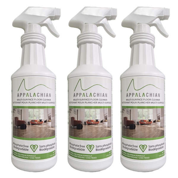 3 Bottles, cleaning Product Appalachian Flooring. 3 bouteilles, produits nettoyants Planchers Appalaches.